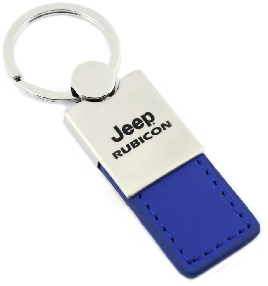Jeep Rubicon Blue Leather Long Tab Logo Key Ring - Click Image to Close